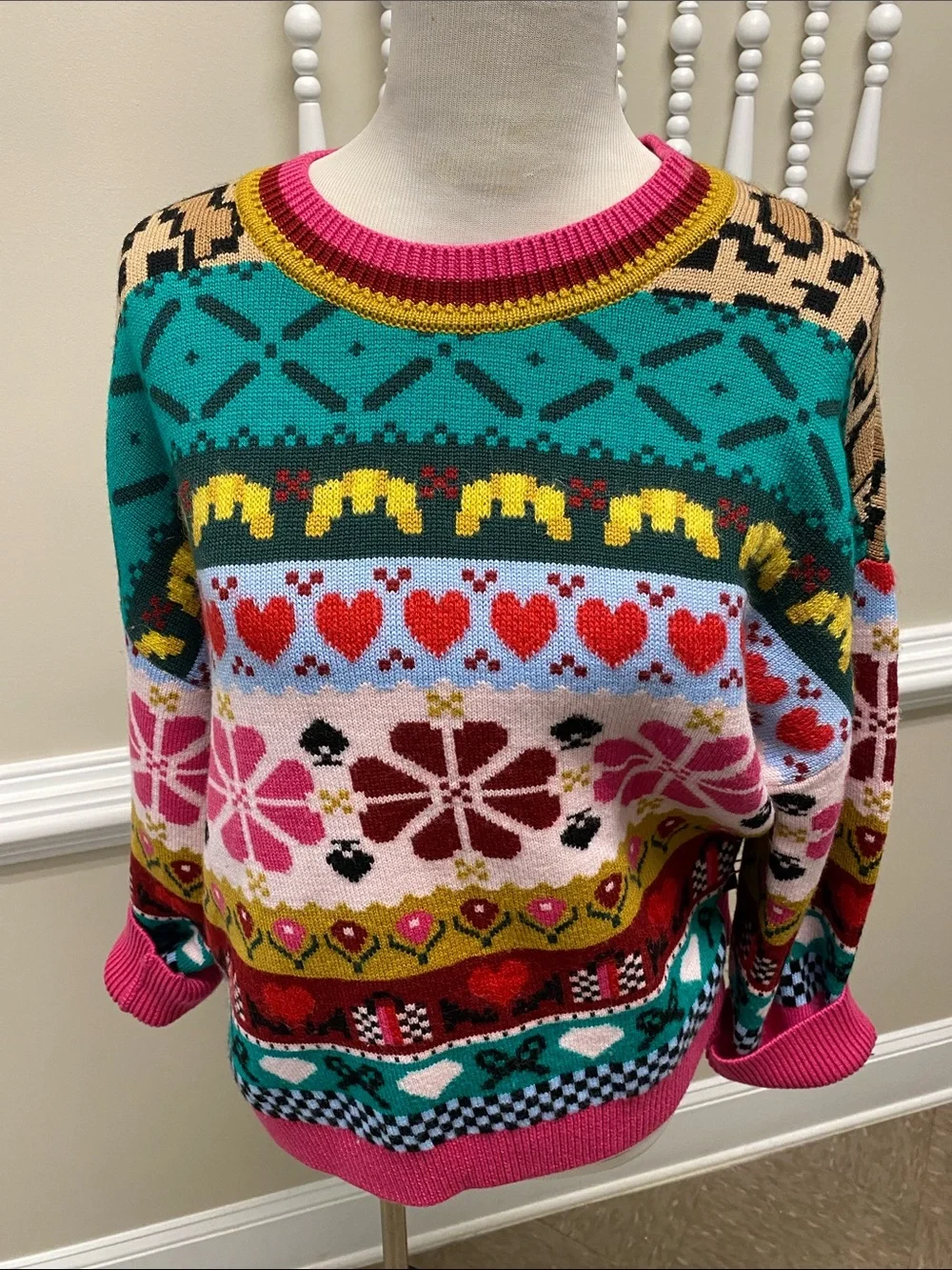 kate spade Multicolor Floral & Heart Crewneck Sweater - Teal/Pink/Red/Yellow